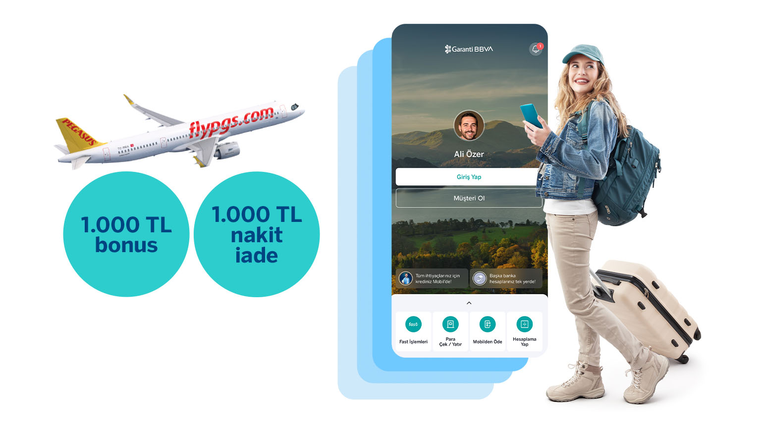 FLYPGS26 kodu ile Garanti BBVA Mobil’den müşterimiz olun, Pegasus’tan 1.000 TL nakit iade kazanın! Üstelik Bonus ile 2.000 TL ve üzeri ilk Pegasus harcamanıza 1.000 TL Bonus fırsatından yararlanın!